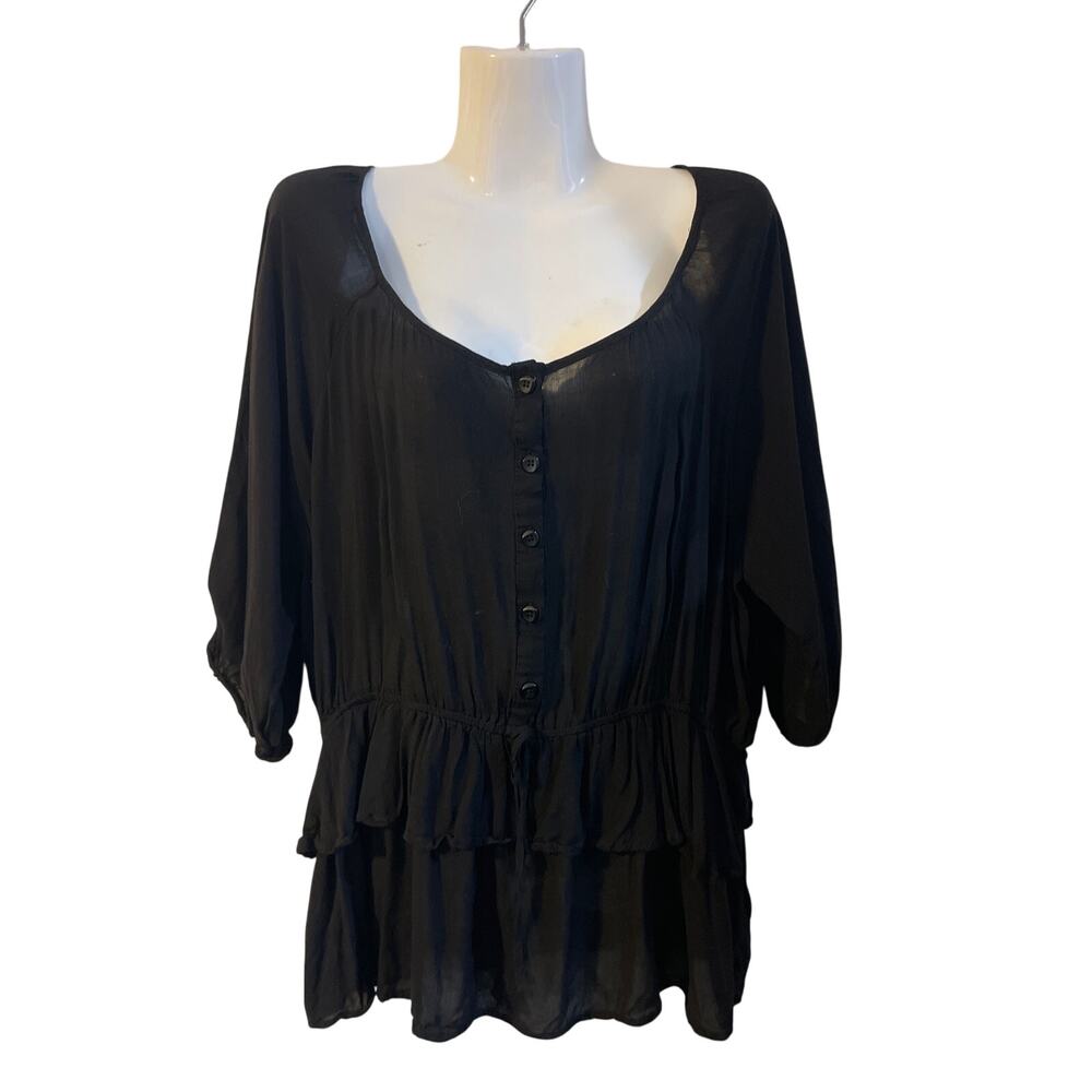 Zenobia Black Sheer Tiered Peplum Babydoll Tunic Top SX 3X Romantic Boho Chic